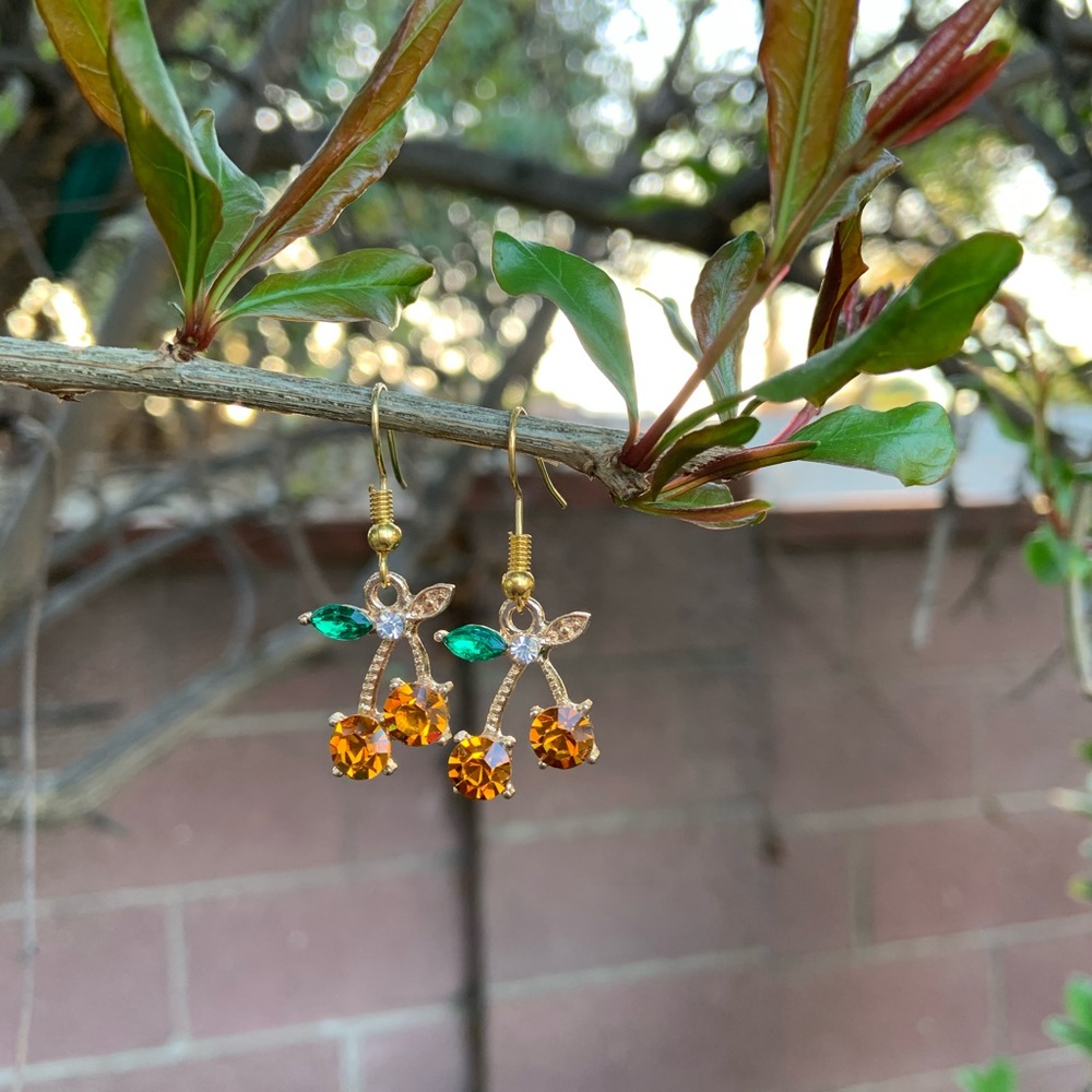 Orange crystal cherry hook earrings